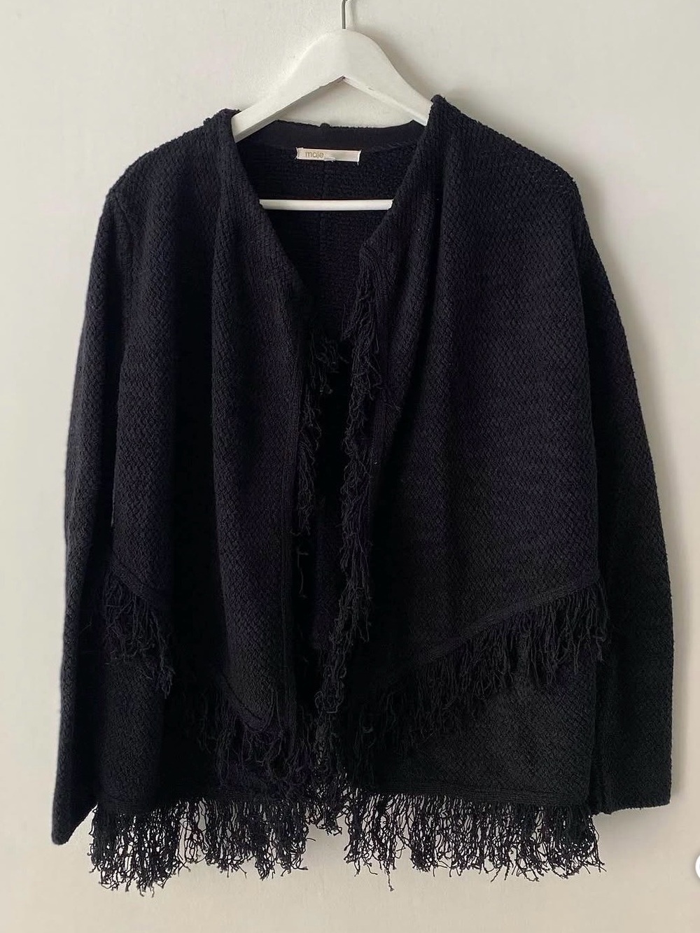 Maje‎ Shaggy Fringe Tweed Open Front Cardigan Sweater Black Medium